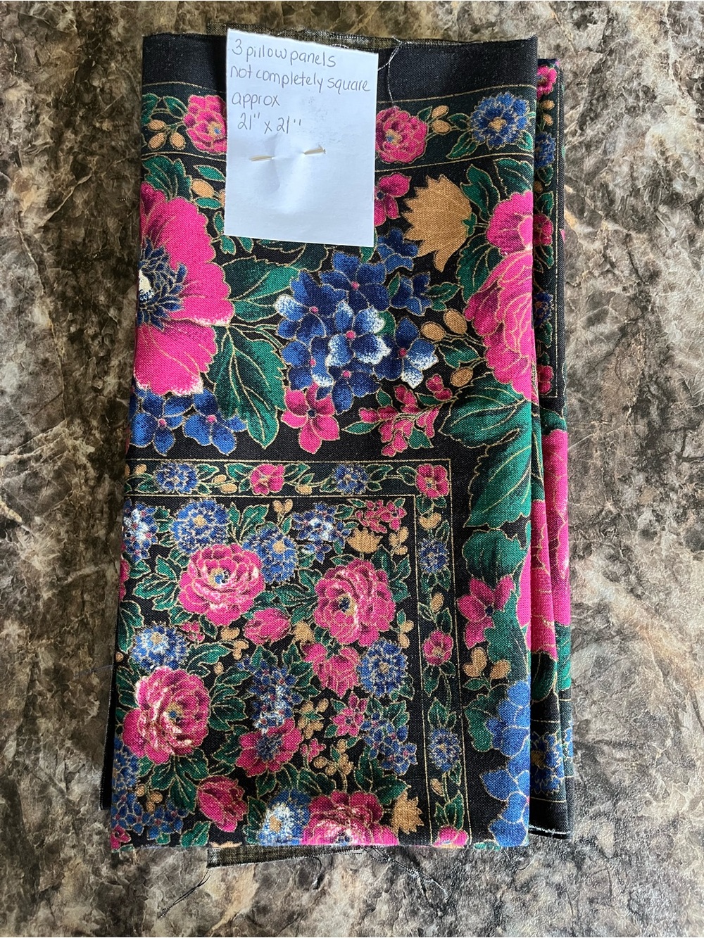 Black Floral Fabric Panel with Pink and Blue Blooms